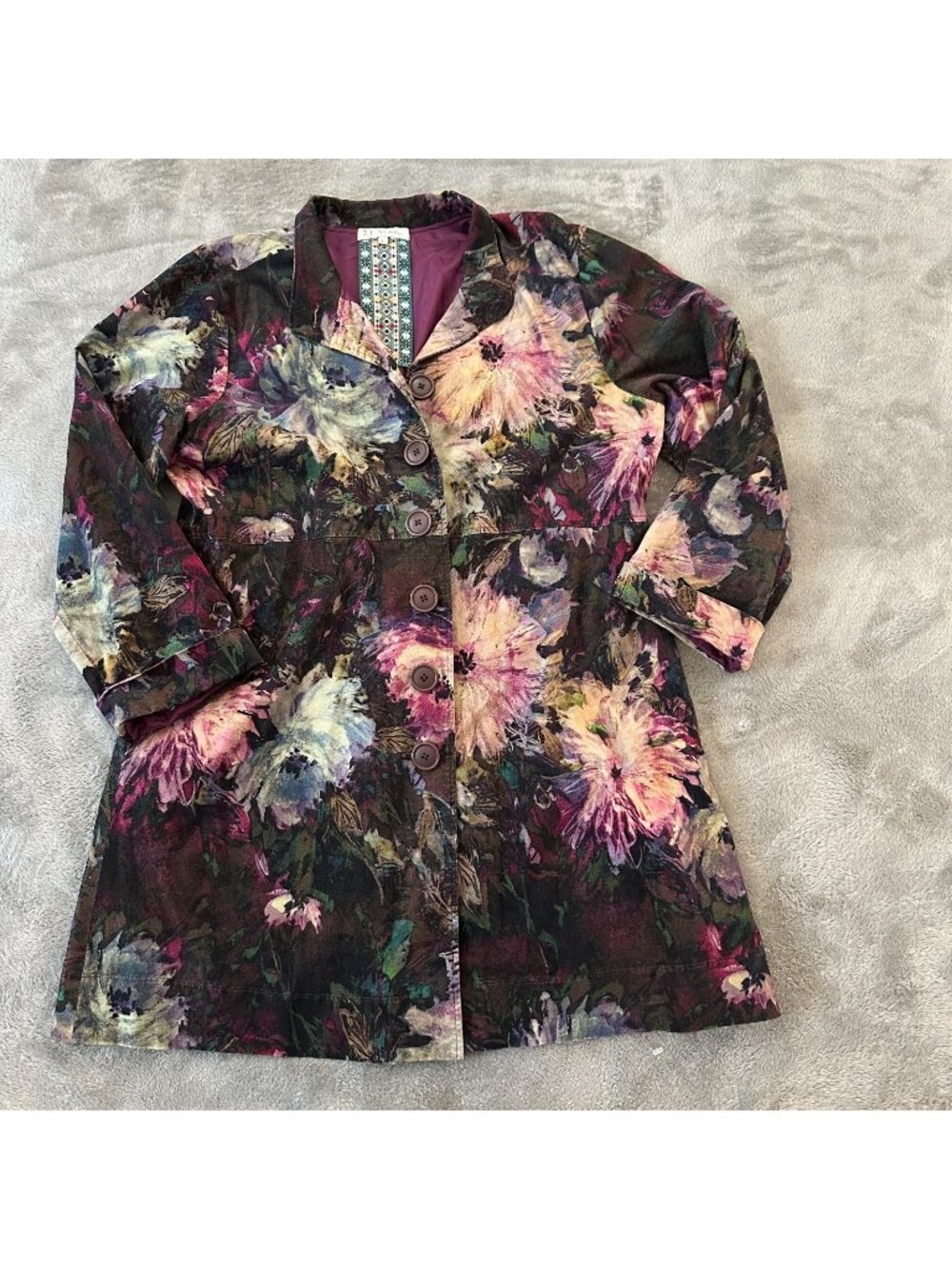 Johnny Was J3 Workshop Velour Floral Coat Jacket Silk Lined LARGE Button Up